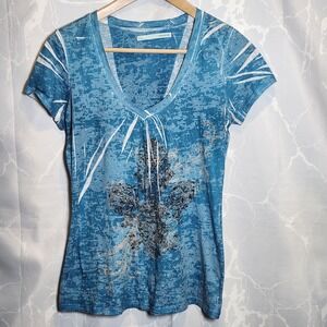 Maurices Short Sleeve Tee Women's L Blue W/Fleur-De-Lis Design Distressed‎ Y2K